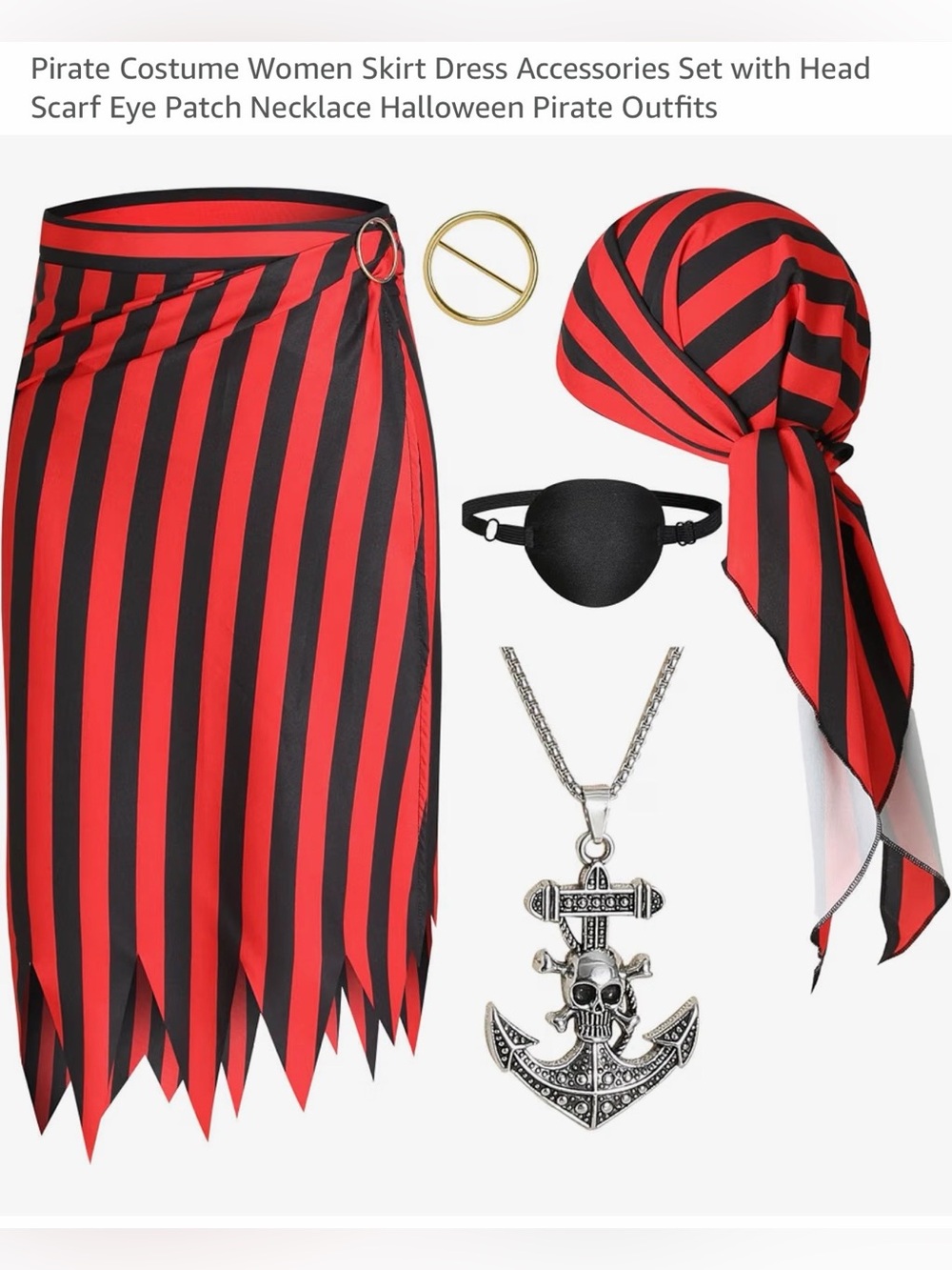 Women’s Pirate Costume Skirt & Headscarf Set – Red/Black. NWT. One size fits all
